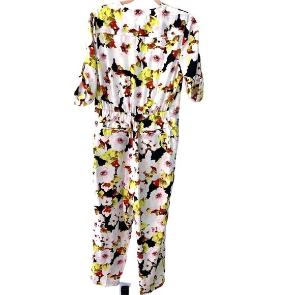 DKNY Jumpsuit Womens Size 2 Floral Print Zip Front V Neck Pockets Elastic Waist - Picture 2 of 14